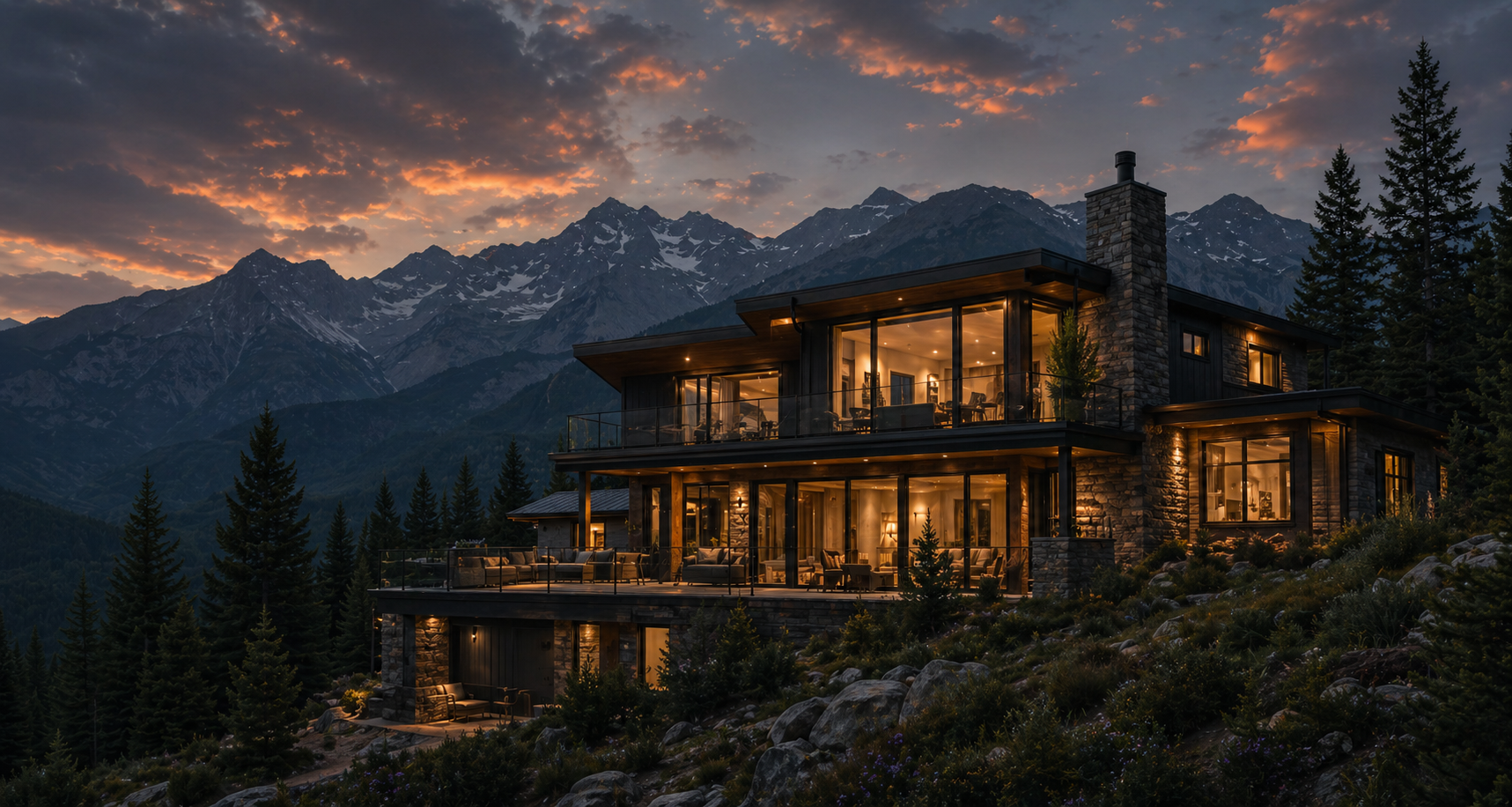 Mountain home illuminated at dusk